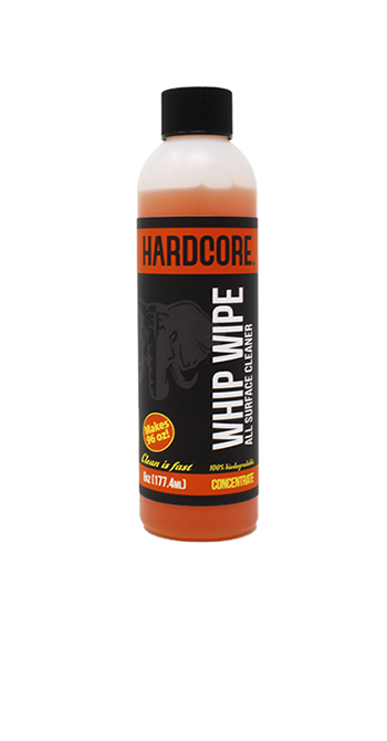 Hardcore Whip Wipe All Surface Cleaner, 6 oz Concentrate Refill whip, wipe, bike, cleaner, refill, bicycle, no-rinse, rinse-free, one-step, soap, degreaser, hardcore, 6oz, concentrate, cleaning