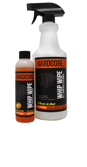 Hardcore Whip Wipe All Surface Cleaner Kit, 6 oz Concentrate with Trigger Bottle whip, wipe, no-rinse, waterless, bike, bicycle, cleaner, degreaser, one-step, shine, clean, soap, rinse-free, detergent