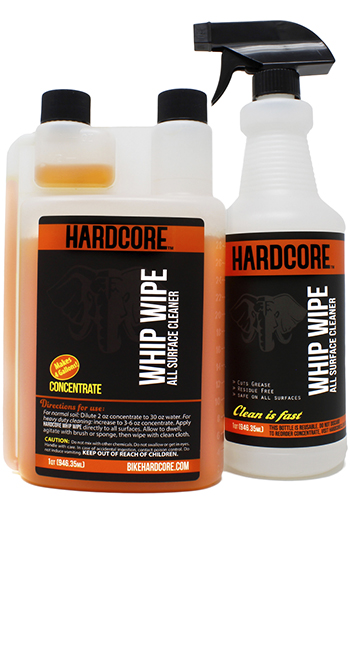 Hardcore Whip Wipe Bike Surface Cleaner Pro-Kit, 32 oz Concentrate with HD Trigger Bottle whip, wipe, no-rinse, waterless, bike, bicycle, cleaner, Pro, kit, quart, degreaser, one-step, shine, clean, soap, rinse-free, detergent